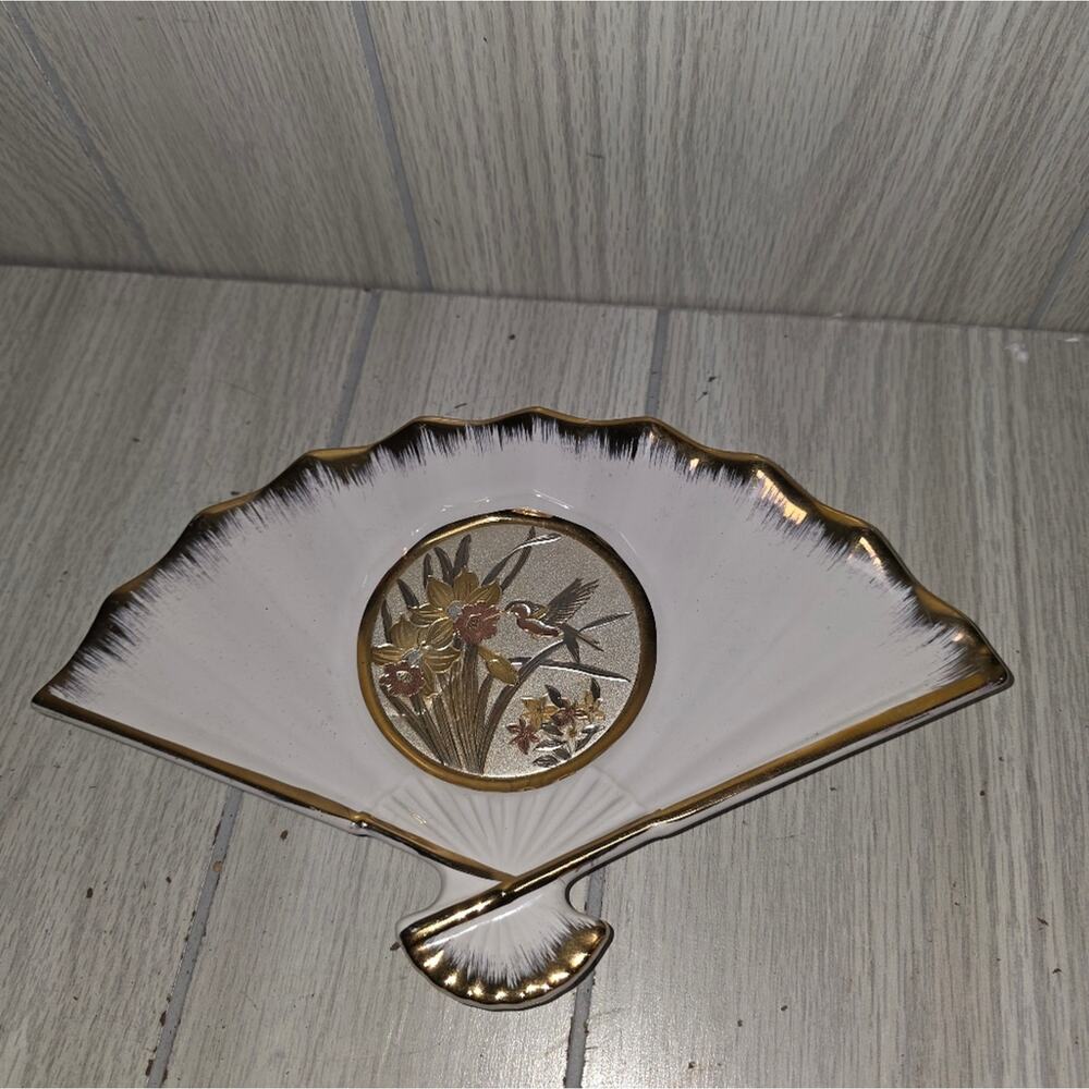 Vtg Art Of Chokin 24k Gold Edged Fan Shaped Dish Humingbird Flowers Japanese